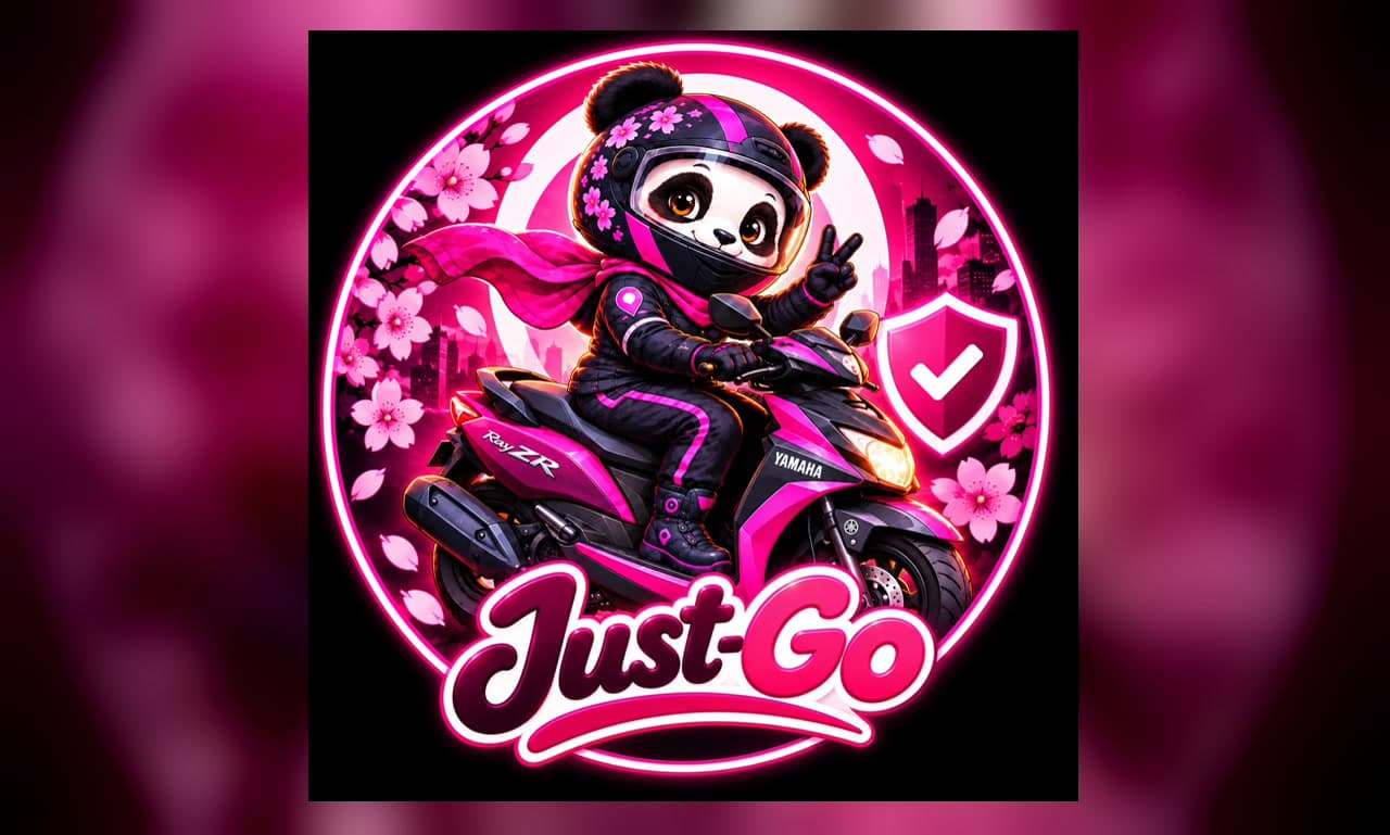 Just-Go neon circular logo with a panda rider on a pink scooter, cherry blossoms, and a shield