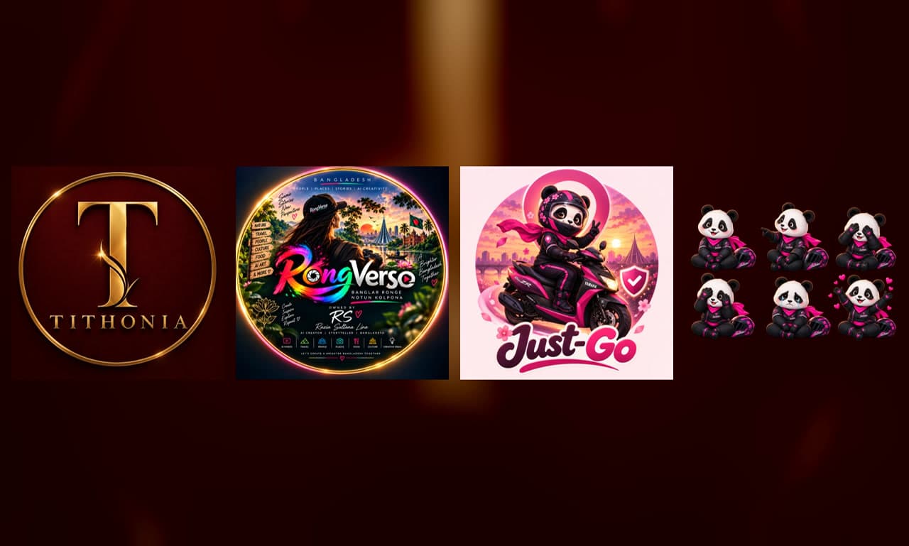 Collage of the Tithonia logo, RongVerse badge, Just-Go logo, and SheRides panda stickers
