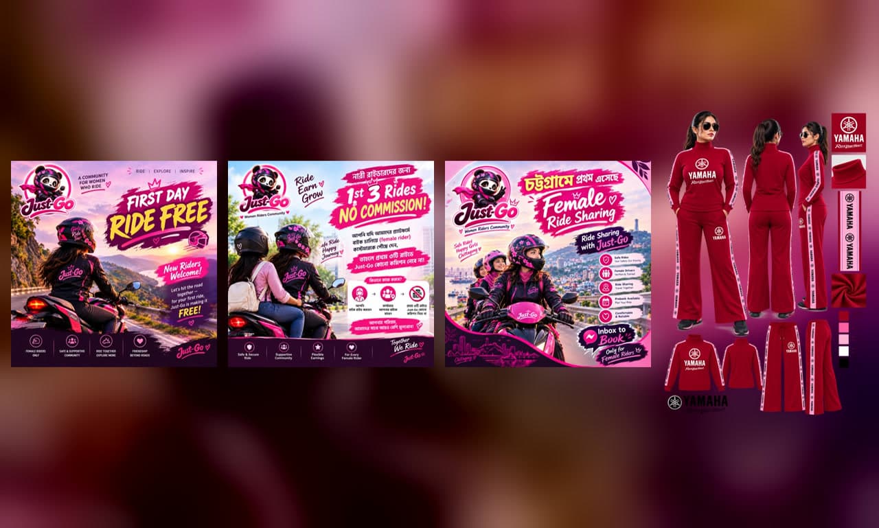 Just-Go campaign posters next to a red Yamaha rider outfit design