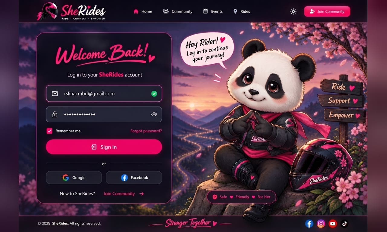 SheRides login screen with a panda mascot, helmet, and sunset mountain road