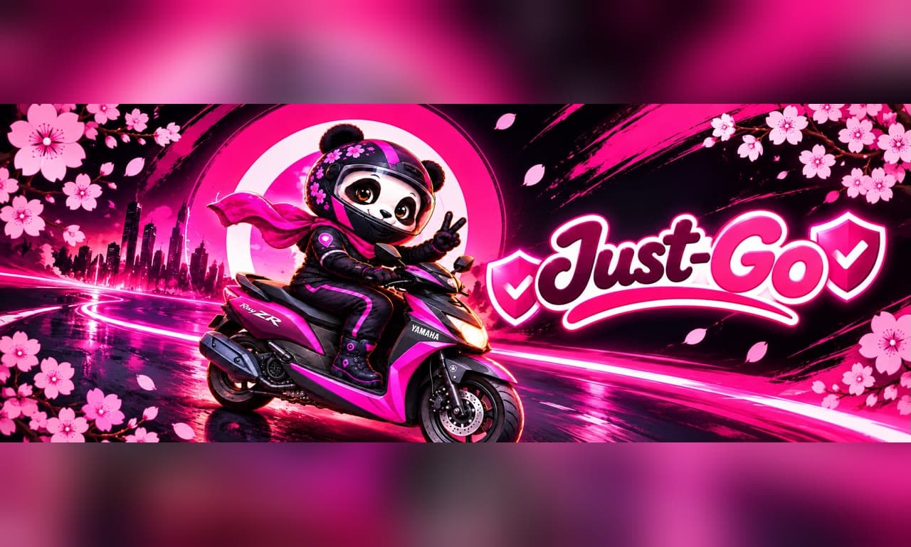 Wide Just-Go banner of a panda on a neon scooter with the Just-Go wordmark