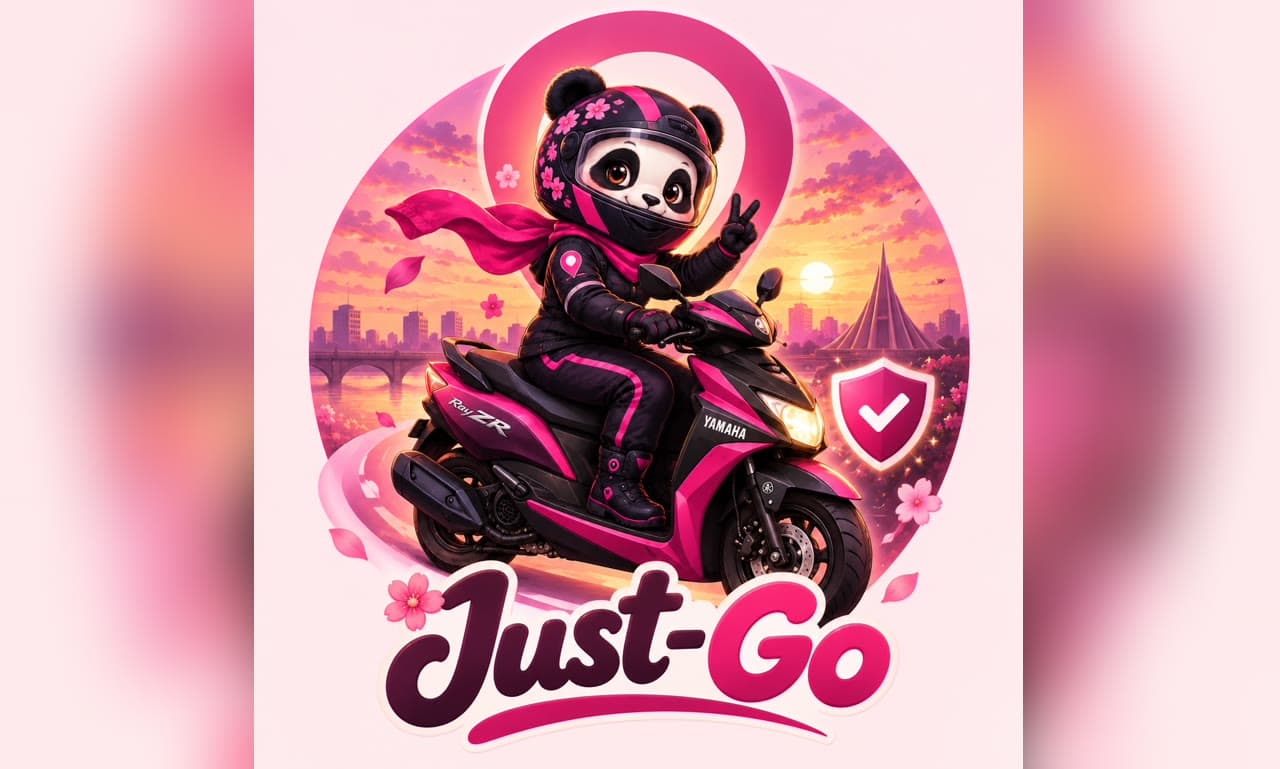 Just-Go sunset logo with a panda rider, city skyline, and the National Martyrs' Memorial