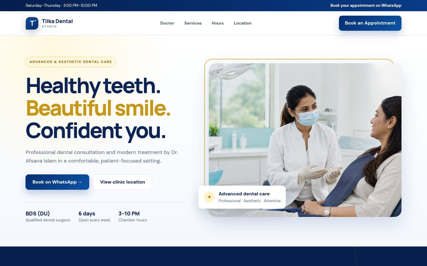 Homepage of Tilka Dental Studio, with Dr. Afsana Islam and a button to book on WhatsApp